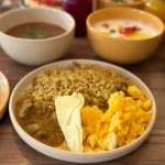 Majado de verde con estofado de carne, queso y huevo del desayuno buffet de Artesano en Ibarra, Ecuador